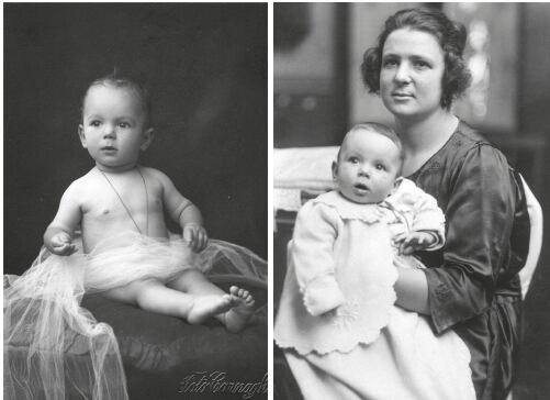 Dos retratos de Astor Piazzolla como bebé en 1921, uno solo con una tela y otro en brazos de su madre. (Imagen Ilustrativa Infobae)