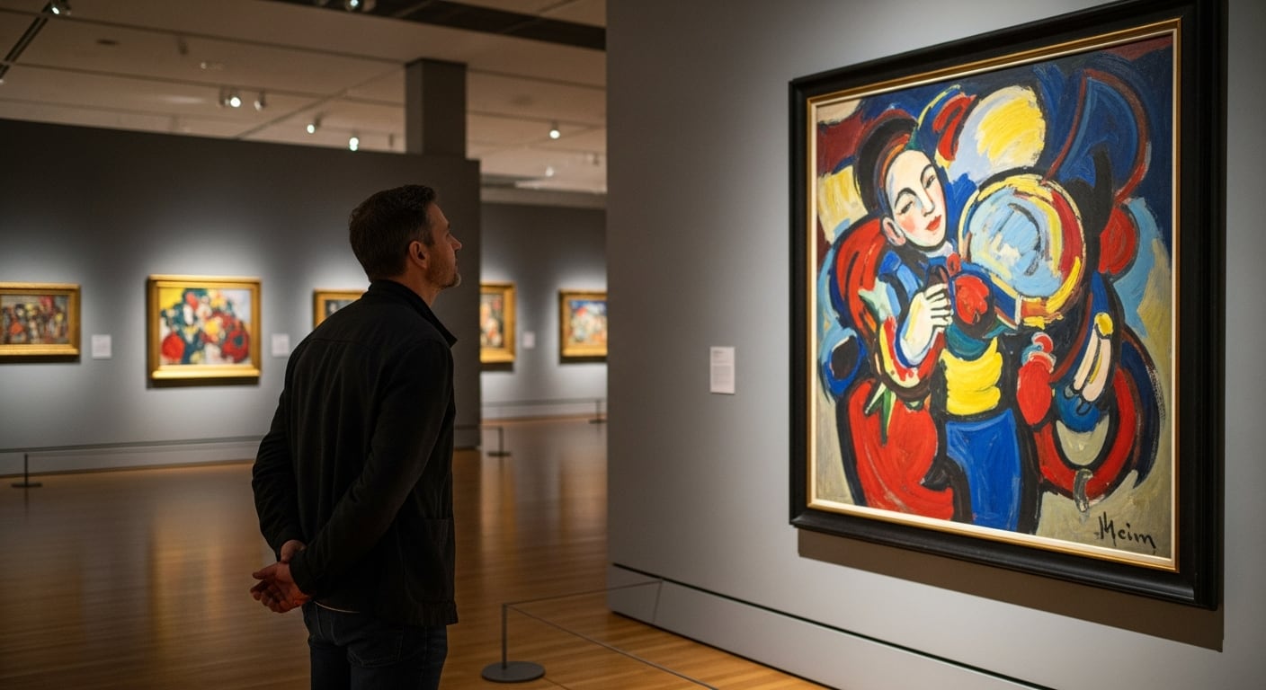 Un hombre se detiene a admirar una colorida pintura moderna enmarcada en una sala de exposición de museo, con otras obras de arte en el fondo. (Imagen Ilustrativa Infobae)