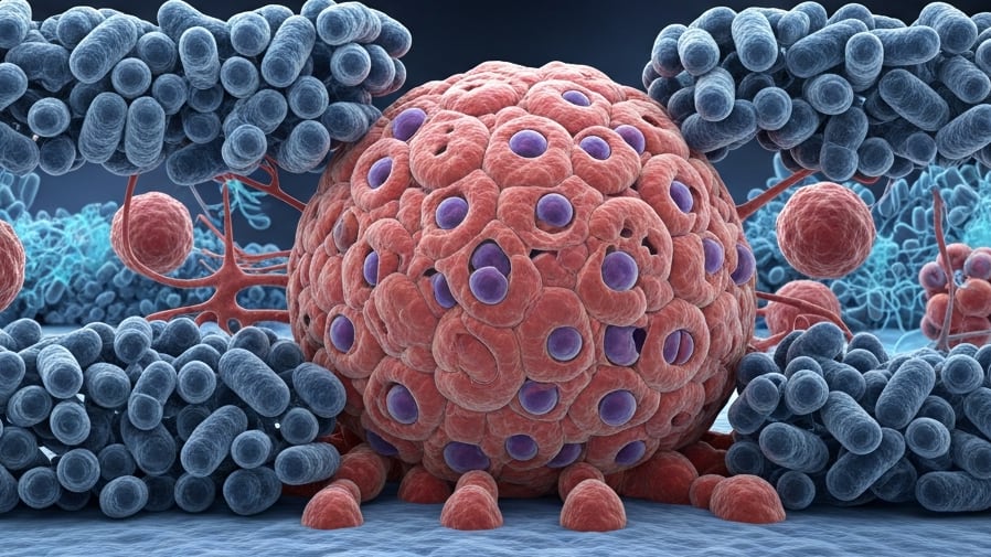Imagen generada por inteligencia artificial que muestra una representación a nivel microscópico de una masa de células cancerígenas (en rojo) rodeada por bacterias (en azul). Este tipo de ilustraciones facilita la comprensión de la interacción entre el microbioma y el cáncer, un campo emergente en la investigación biomédica. (Imagen Ilustrativa Infobae)