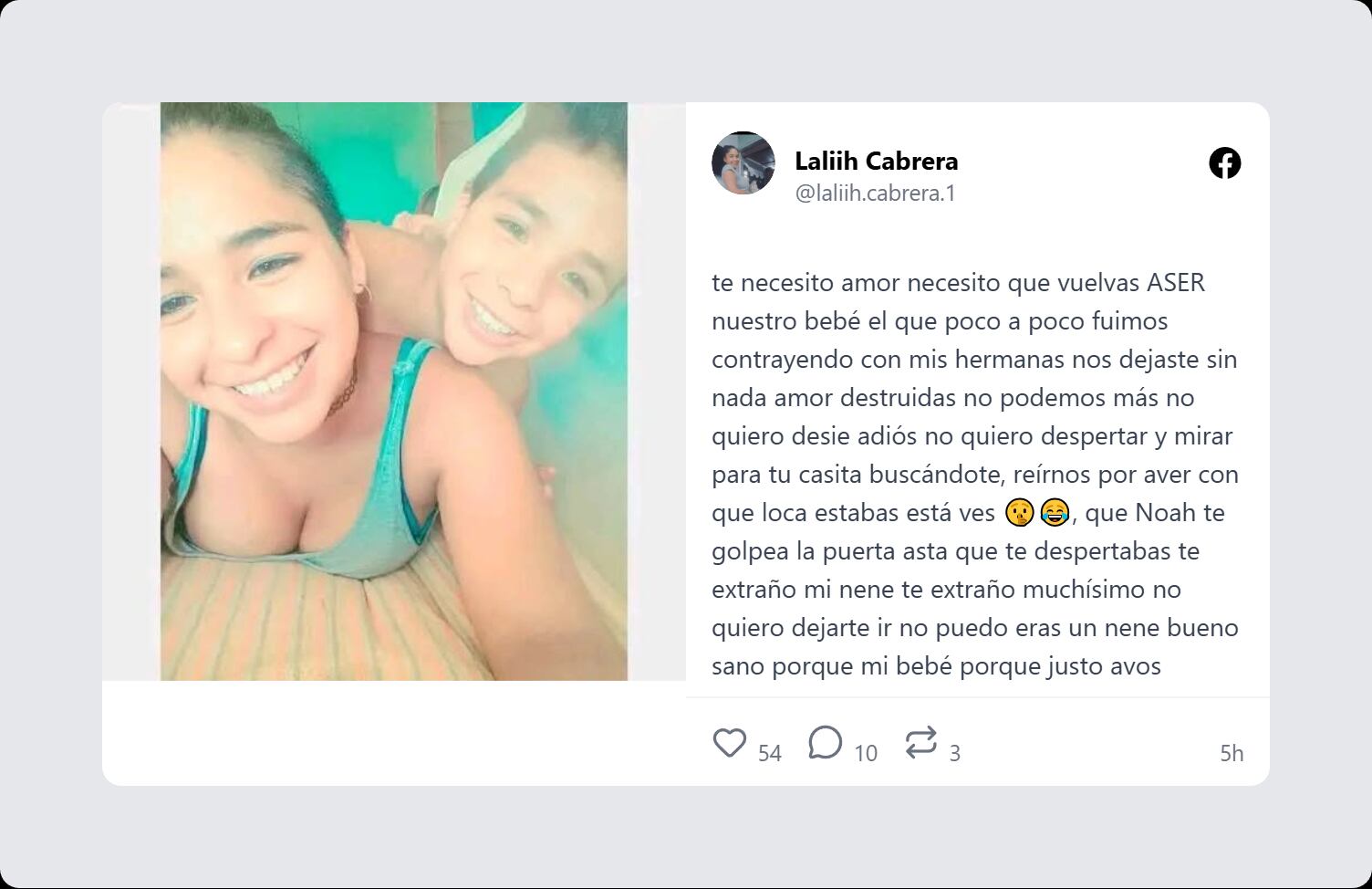 La hermana de Braian Tomás Cabrera compartió una emotiva imagen junto a él en redes sociales, recordando al joven de 18 años asesinado a balazos durante el carnaval de Mercedes.
