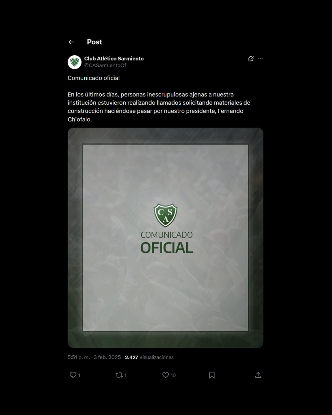 El comunicado de Sarmiento cuando se produjo la primera estafa, el año pasado