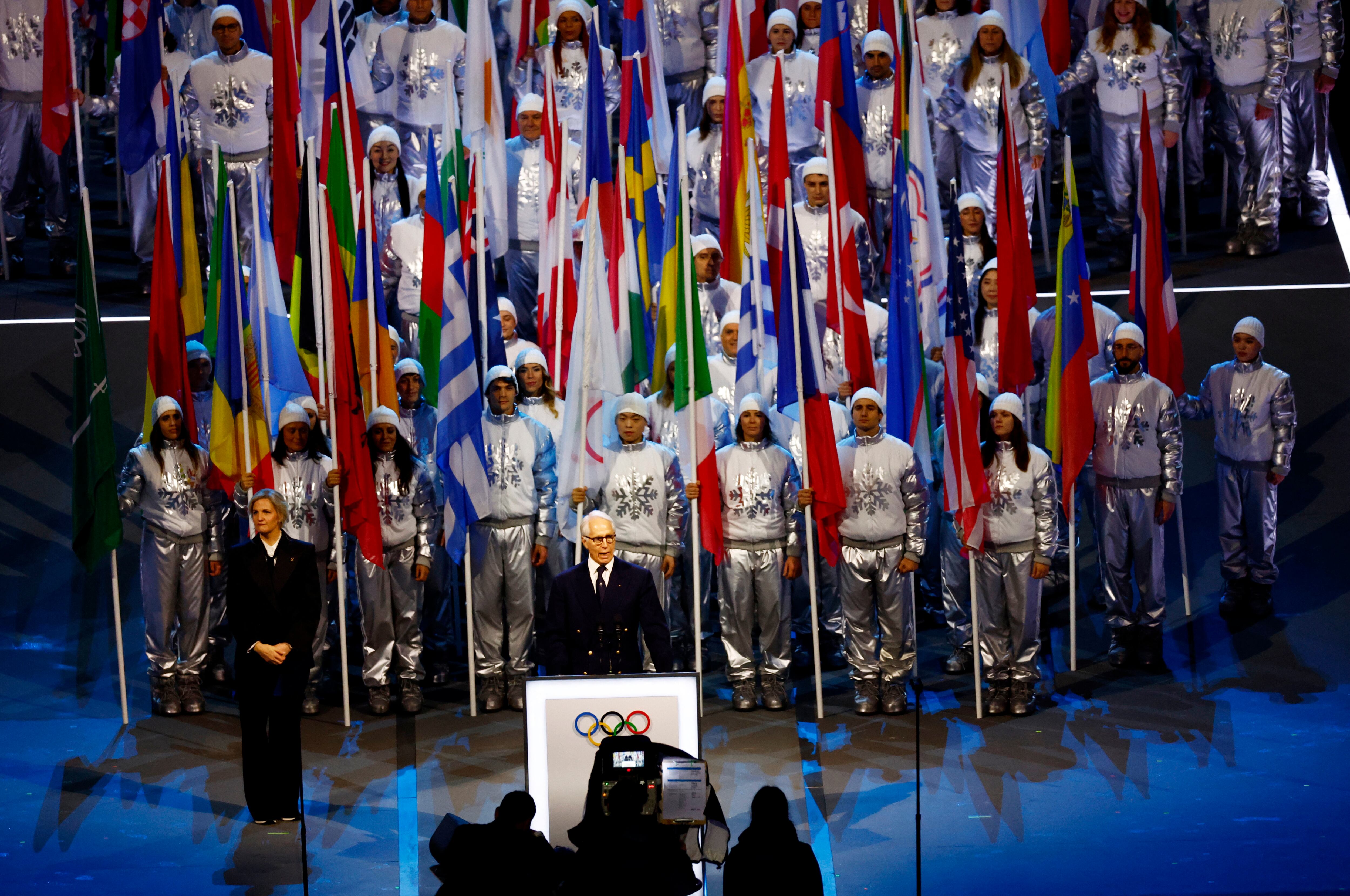 El presidente del Comité Organizador de estos Juegos, Giovanni Malago, pronunció un discurso en compañía de la presidenta del COI (Crédito: Reuters/Alessandro Garofalo)