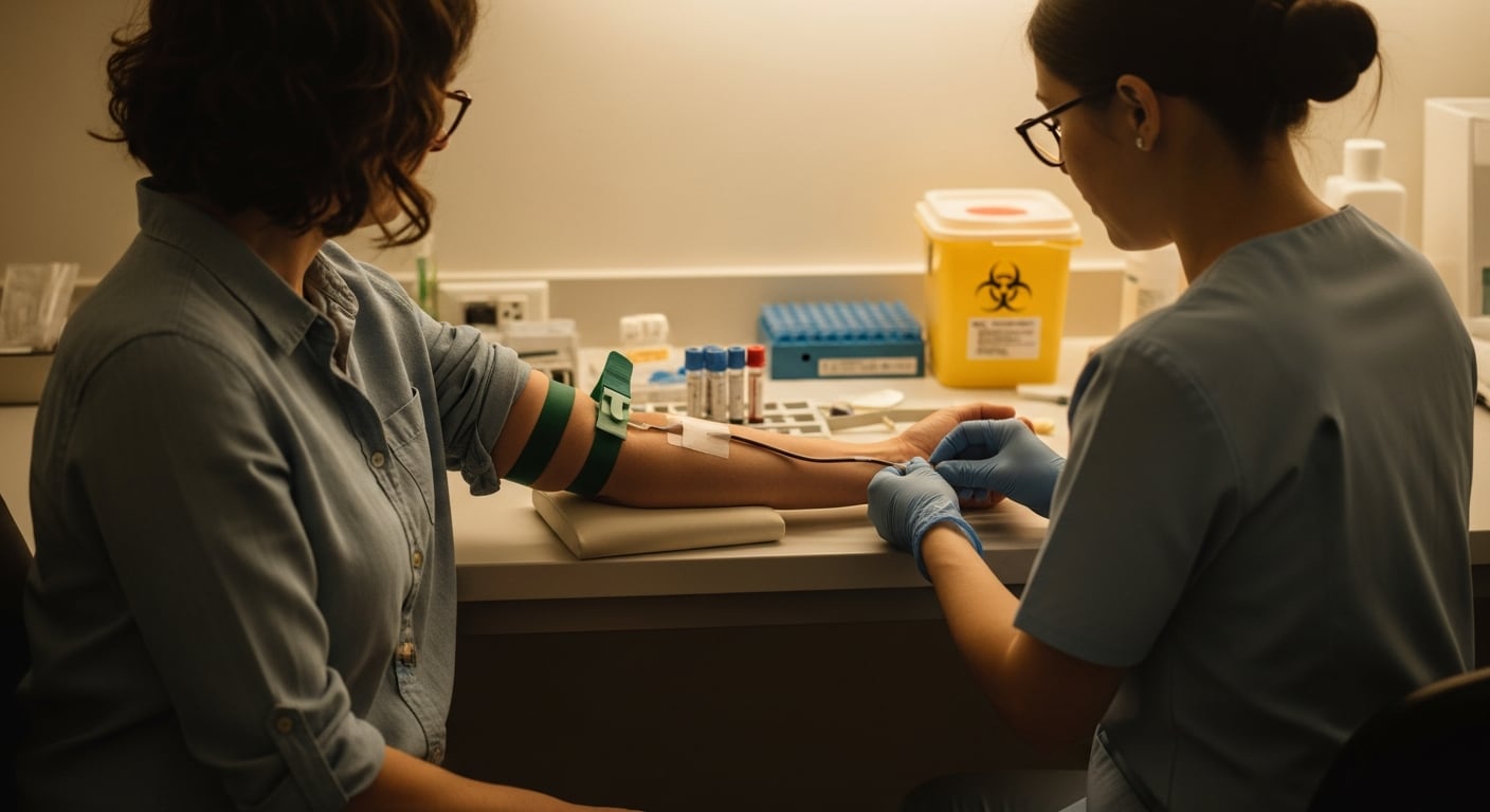 Una trabajadora de la salud toma una muestra de sangre a una paciente en un laboratorio moderno, siguiendo estrictos protocolos de bioseguridad. El procedimiento es fundamental para el diagnóstico y monitoreo de diversas enfermedades. (Imagen Ilustrativa Infobae)