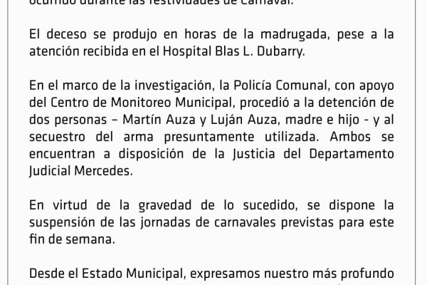 Tiroteo y muerte en el carnaval de Mercedes: detuvieron a un tercer sospechoso por el crimen de un joven de 18 años