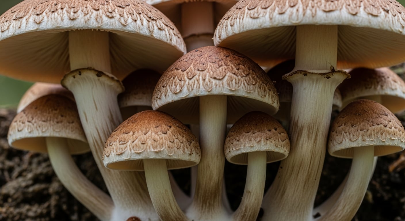 Primer plano de hongos silvestres con sombreros marrones y blancos creciendo en un entorno terroso y húmedo (Imagen Ilustrativa Infobae)