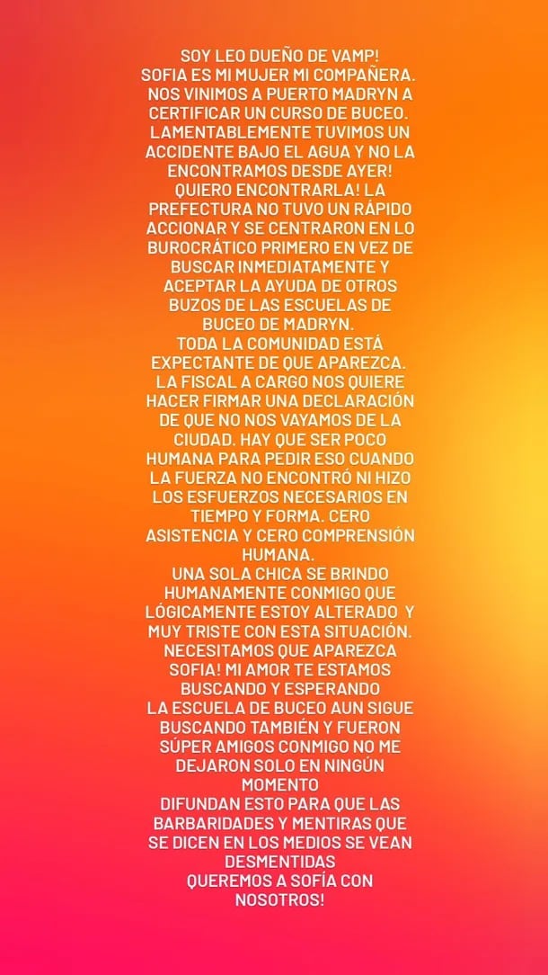 El testimonio de Leo, novio de Sofía Devries, reveló la desesperación y tristeza tras la desaparición en Puerto Madryn