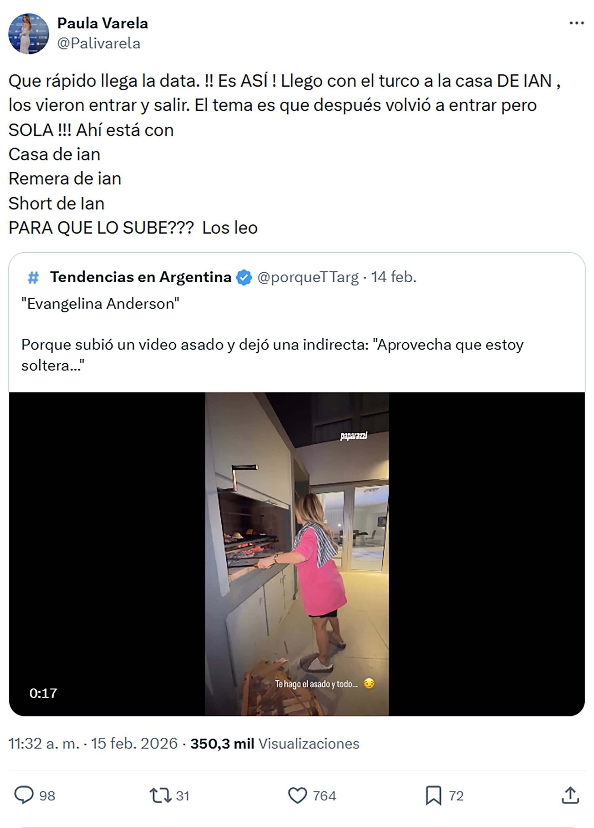 Captura de pantalla de un tuit de Paula Varela donde comenta el video de Evangelina Anderson preparando un asado y su sugerencia de soltería...