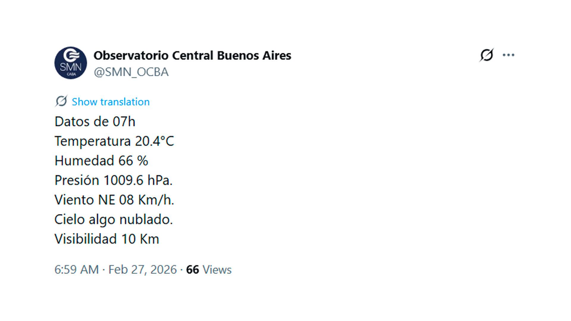 Los datos del tiempo a las 7 de la mañana de hoy según el Observatorio Central Buenos Aires del Servicio Meteorológico Nacional