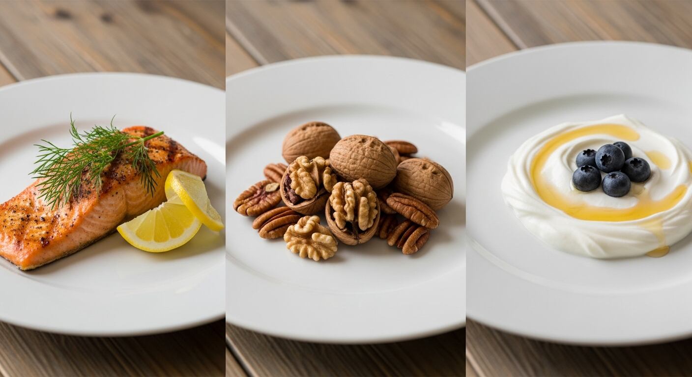 ntegrar salmón, yogur natural y nueces en una alimentación equilibrada contribuye a un envejecimiento activo, saludable e independiente después de los 50 años (Imagen Ilustrativa Infobae)