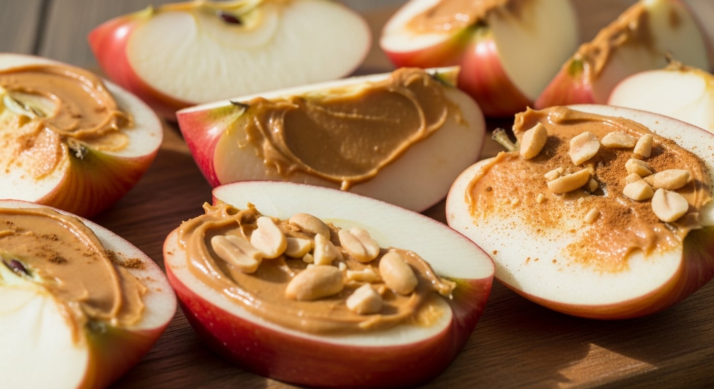 Manzana con mantequilla de maní es una combinación que aporta pectina, fibra prebiótica, proteínas y grasas monoinsaturadas para una energía sostenida (Imagen Ilustrativa Infobae)