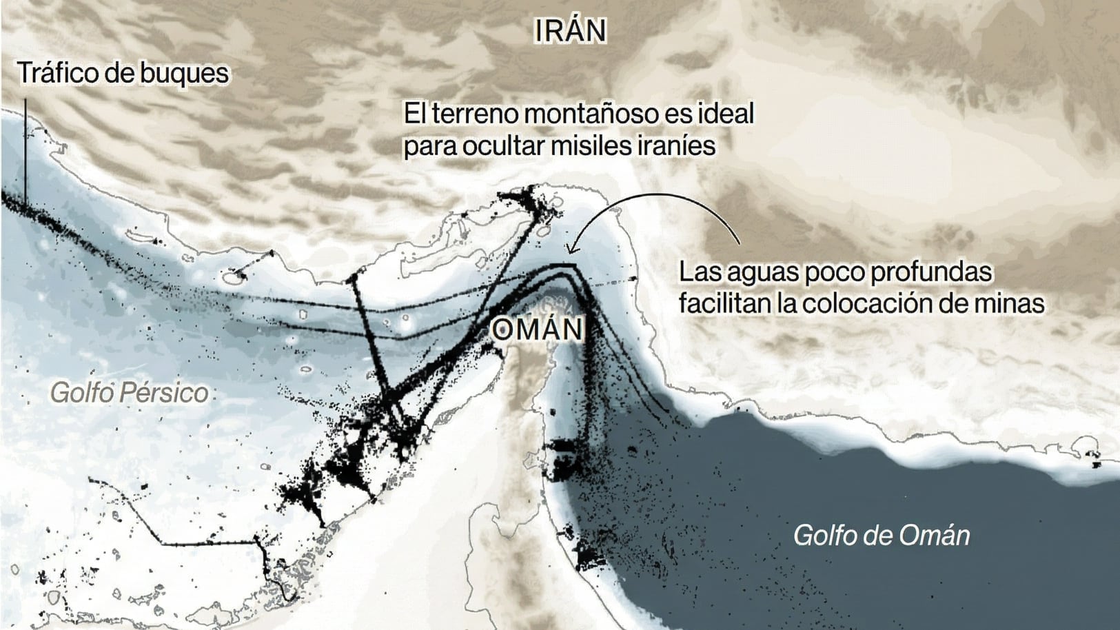Una infografía detalla cómo la geografía del Estrecho de Ormuz, con sus 25 millas de ancho en el punto más estrecho y características como aguas poco profundas y terreno montañoso, representa desafíos significativos para la navegación y la seguridad militar en la región (Imagen Ilustrativa Infobae)