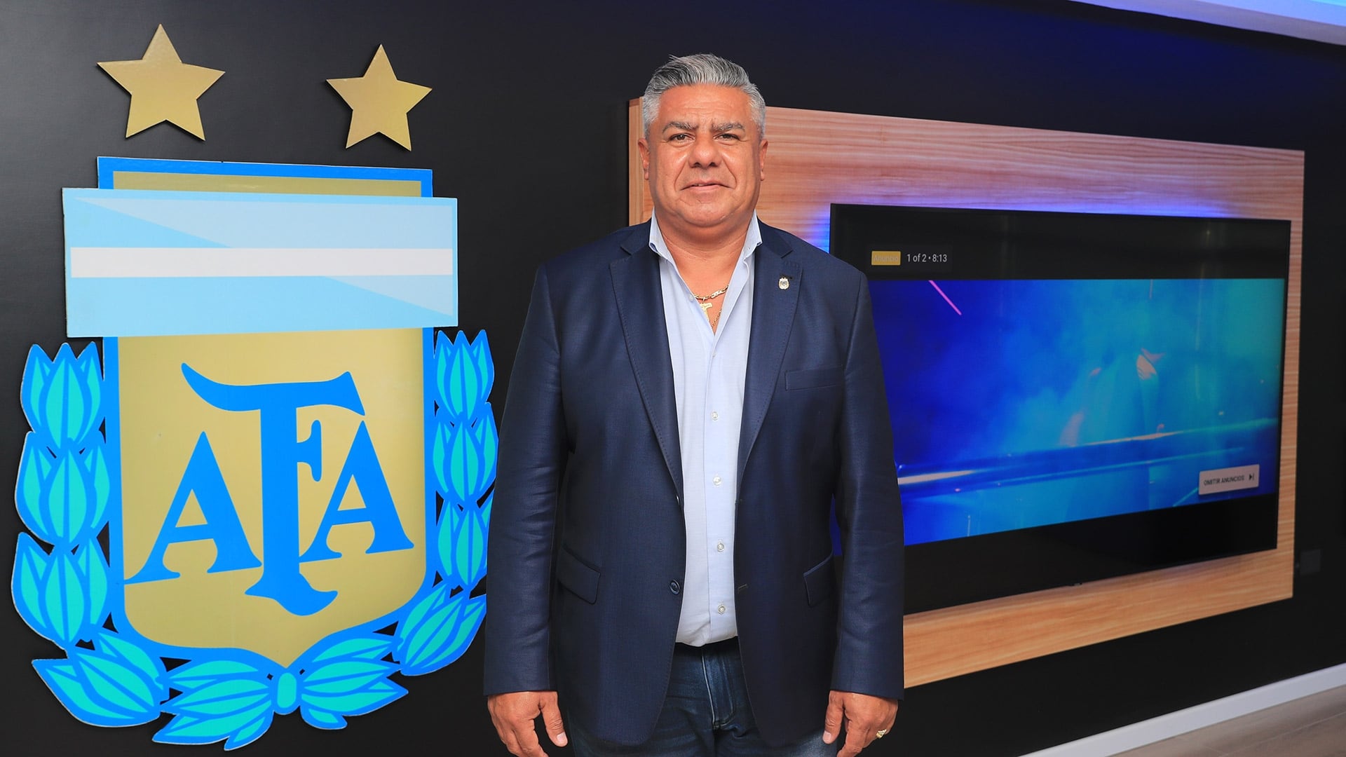 EZEIZA, ARGENTINA - FEBRUARY 18: Claudio Tapia President of AFA poses with the AFA logo in the background on February 18, 2020 in Ezeiza, Argentina. (Photo by Gustavo Pagano/Getty Images)