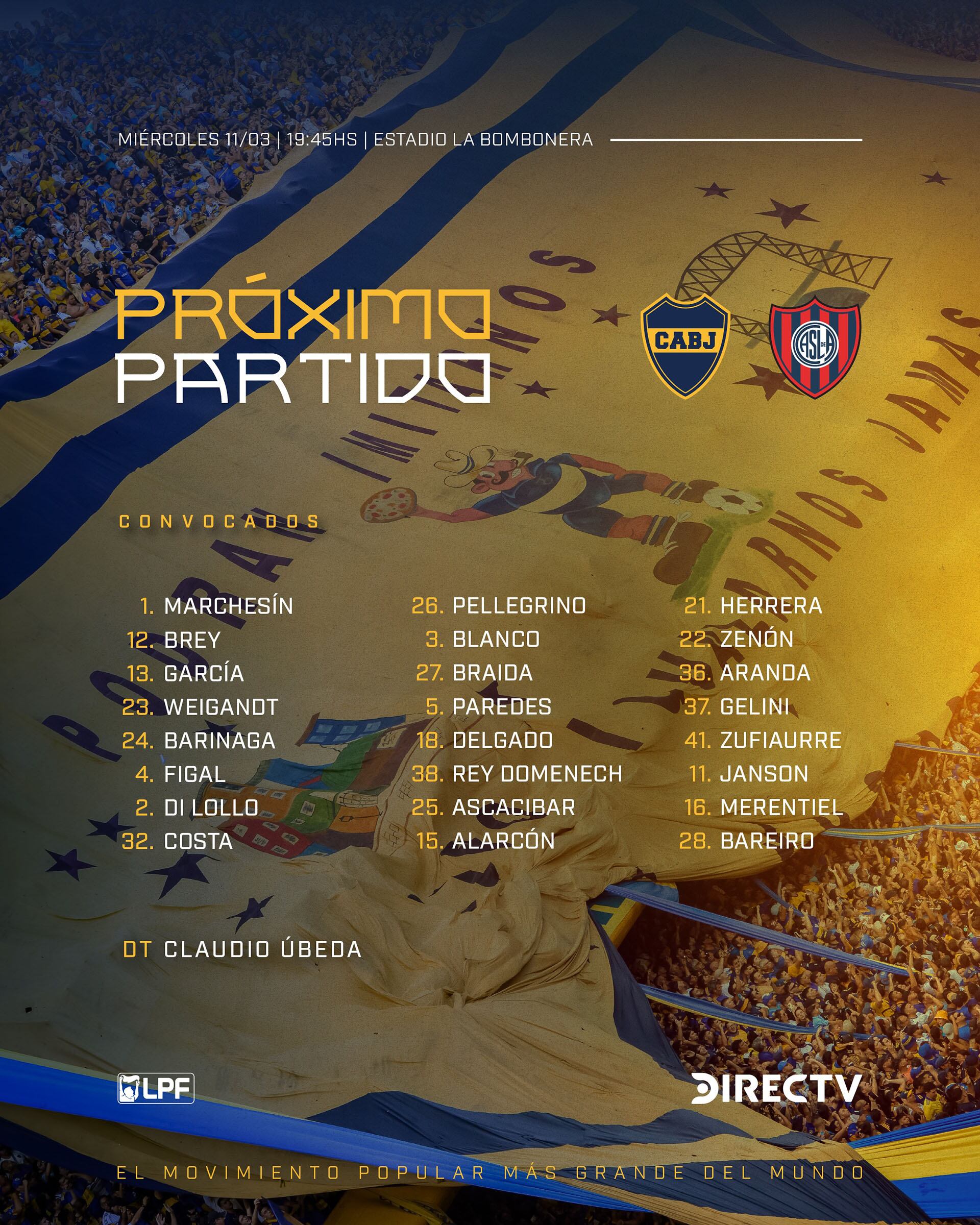 Este gráfico promocional anuncia el próximo partido entre Boca Juniors y San Lorenzo en el Estadio Alberto J Armando, mostrando la lista de jugadores convocados y detalles del encuentro.