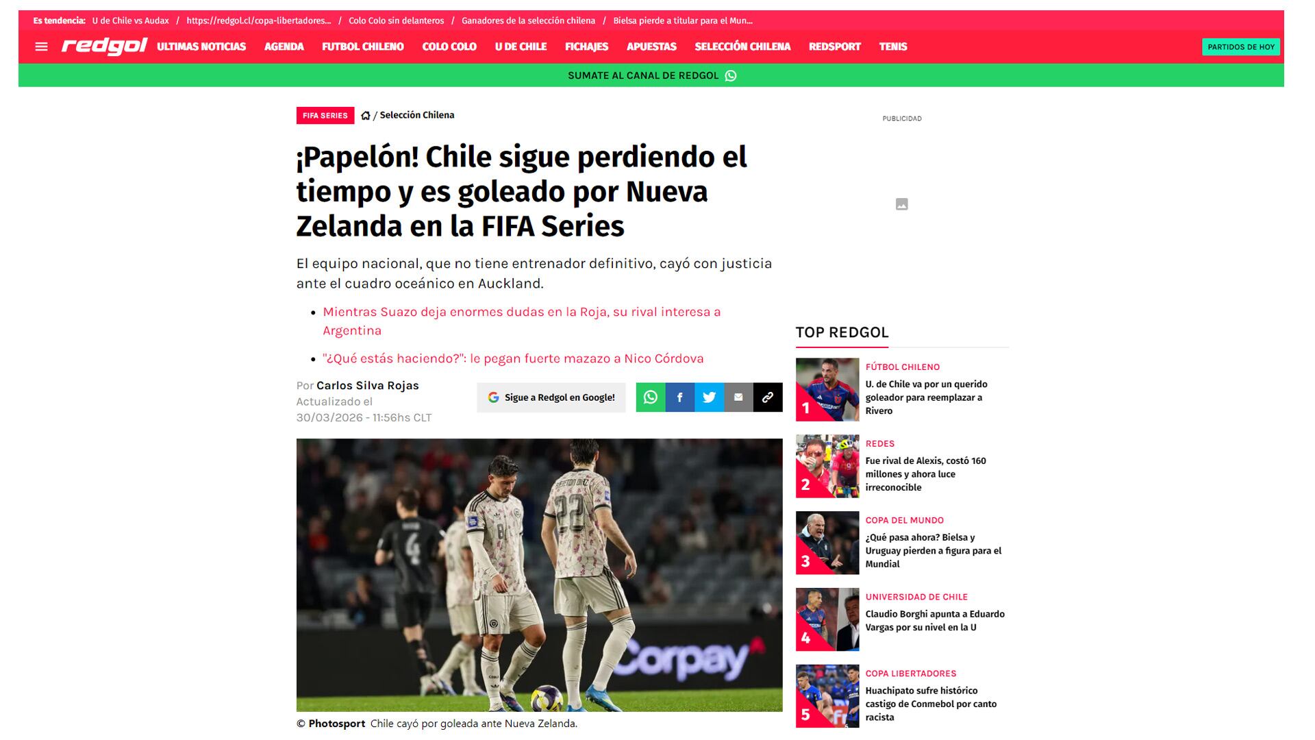 El título del portal Red Gol sobre la dura derrota de Chile contra Nueva Zelanda (Red Gol)