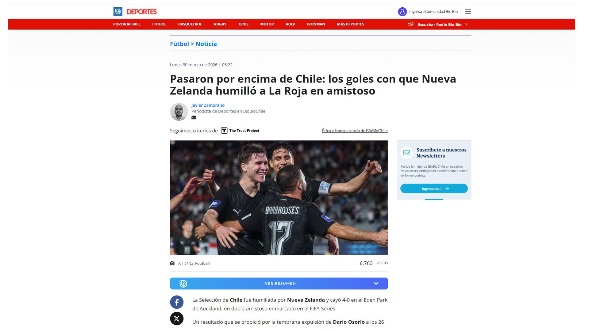 El artículo del medio BioBio Chile tras la caída de La Roja contra Nueva Zelanda (Bio Bio Chile)
