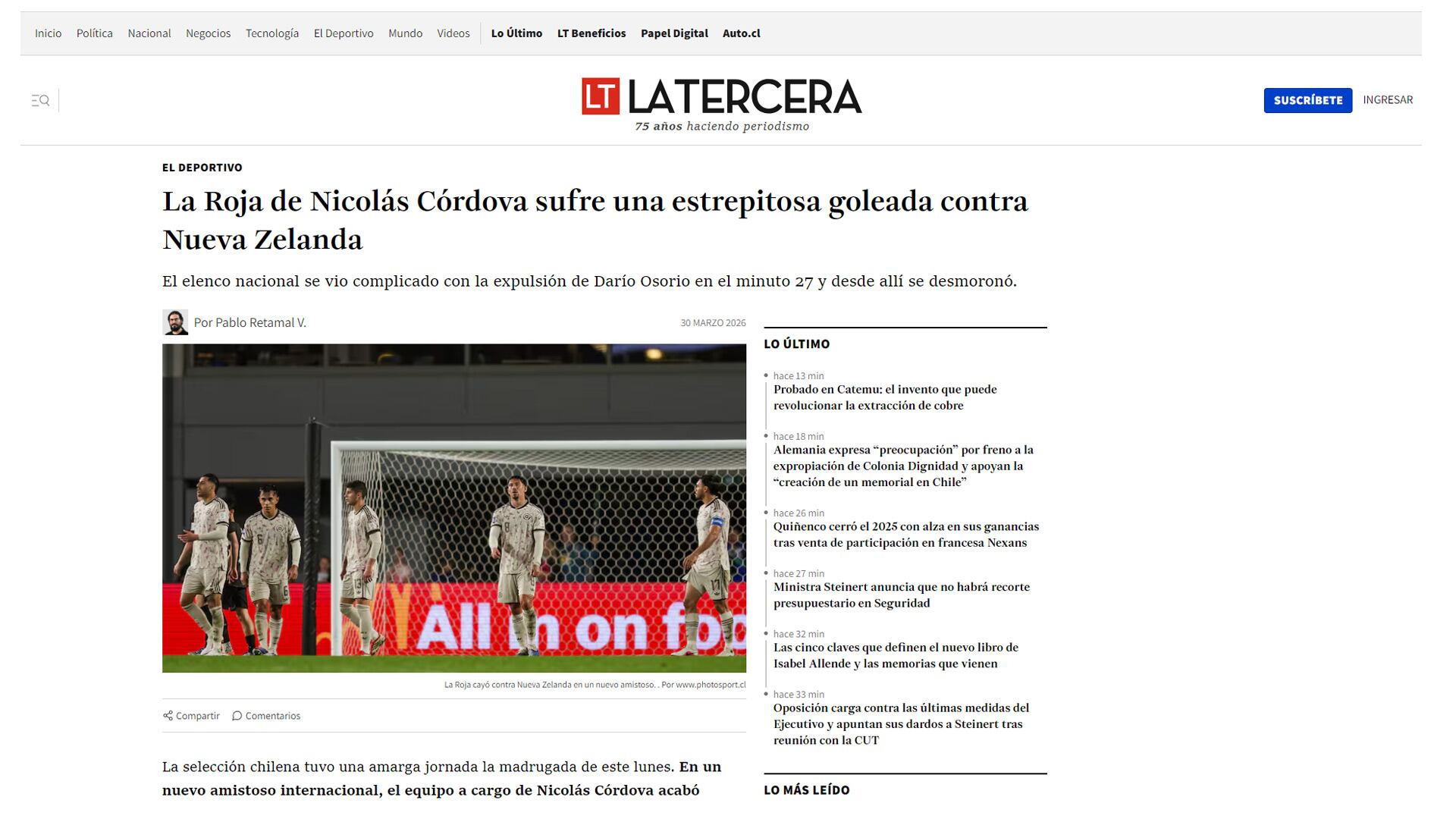 La portada del artículo de La Tercera de la derrota de Chile (La Tercera)