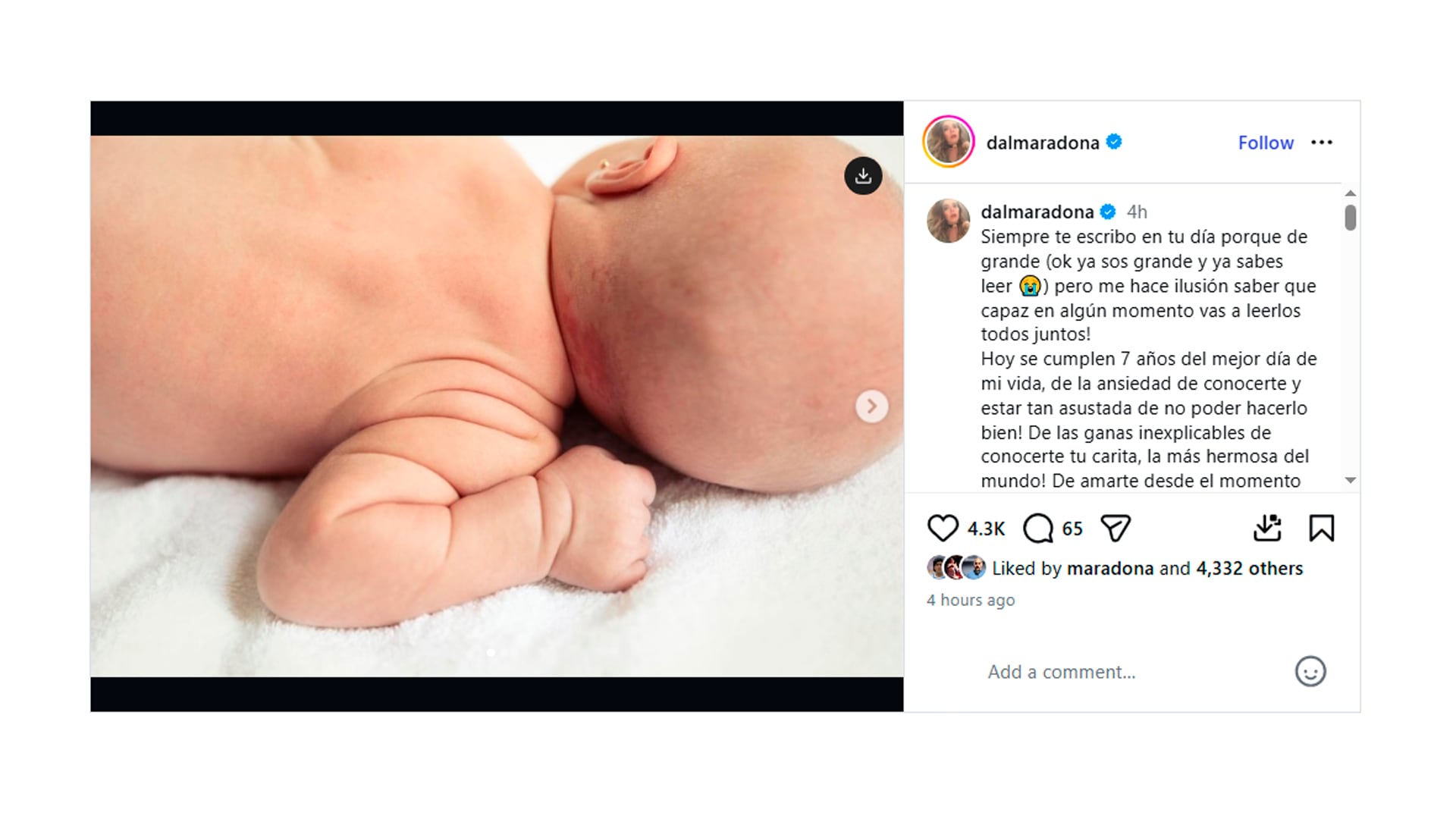 Dalma Maradona compartió una conmovedora imagen de su hija Roma de bebé para celebrar su séptimo cumpleaños, expresando su amor y nostalgia por los años transcurridos. (@dalmaradona)