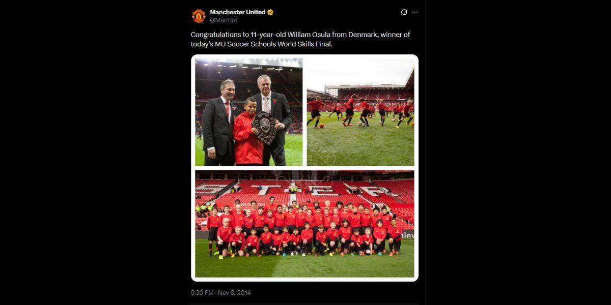 Una foto viral de William Osula junto a leyendas del Manchester United recordó su paso por la final mundial de habilidades en 2014 (X/Manchester United)