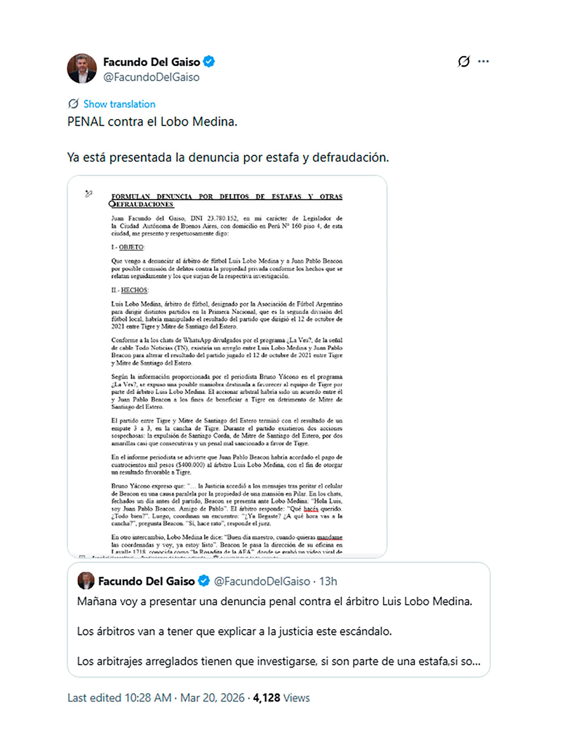 La denuncia del legislador porteño Facundo Del Gaiso contra el árbitro Luis Lobo Medina