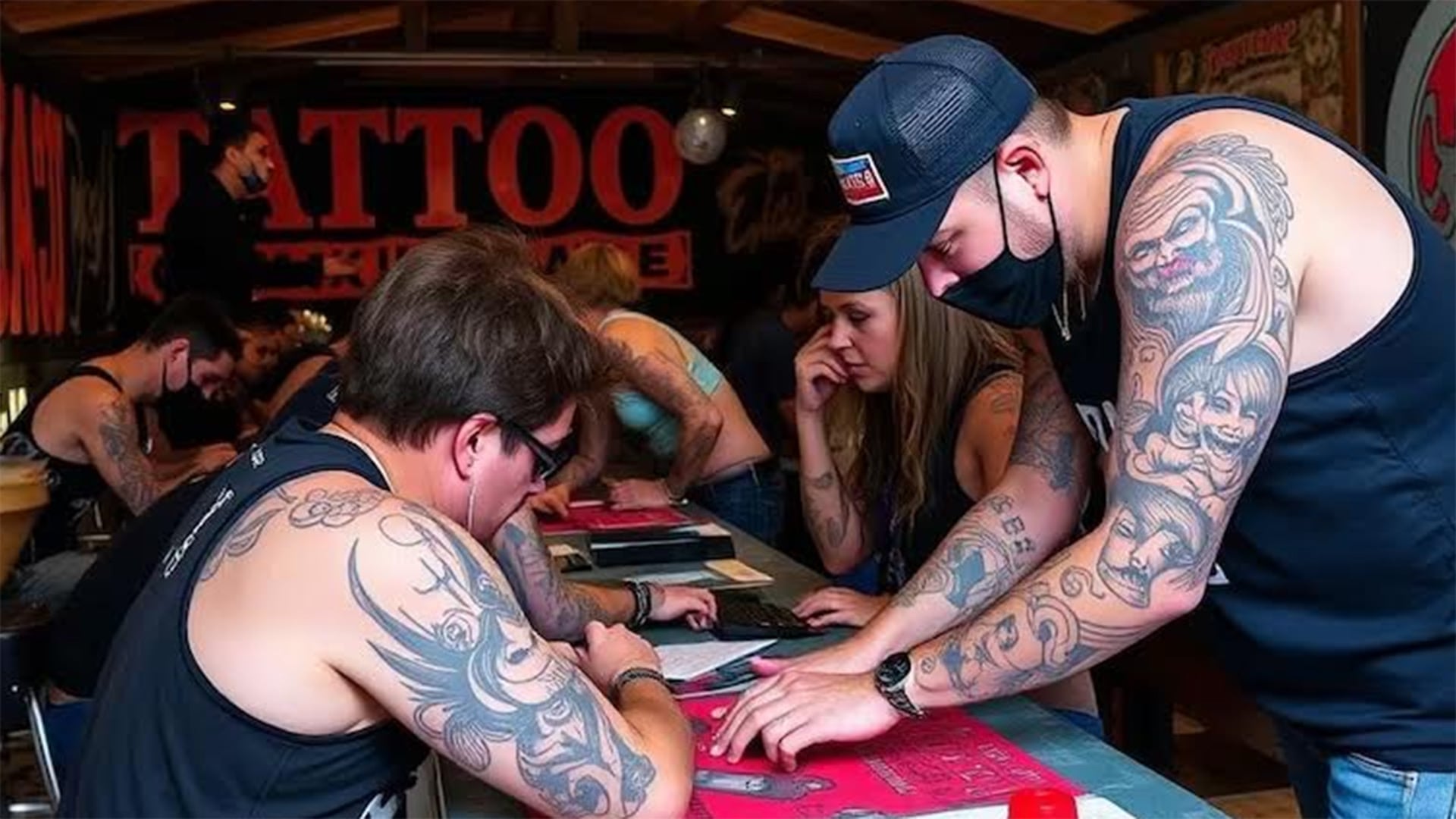 Artistas y entusiastas del tatuaje asisten a la Mandinga Tattoo Expo, organizada por Diego Staropoli, donde los participantes revisan catálogos y comparten ideas en un ambiente vibrante