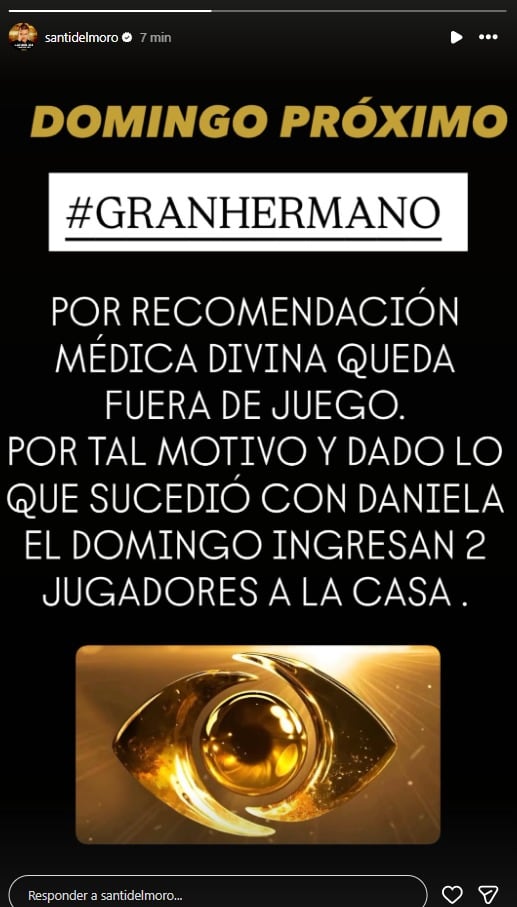 Santiago del Moro anunció que Divina Gloria abandona Gran Hermano por recomendación médica y dos nuevos participantes ingresarán a la casa este domingo.