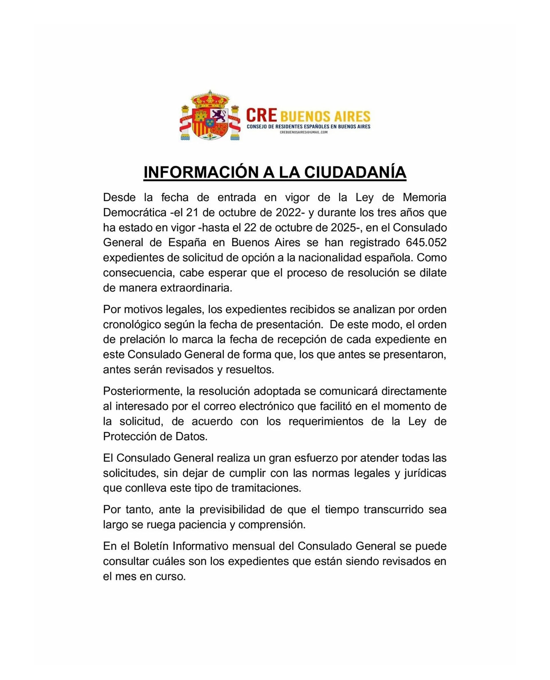 El Consulado General de España en Buenos Aires publicó un comunicado informativo sobre el estado actual de las solicitudes de nacionalidad bajo la Ley de Memoria Democrática y los plazos de resolución. (@crebuenosaires)