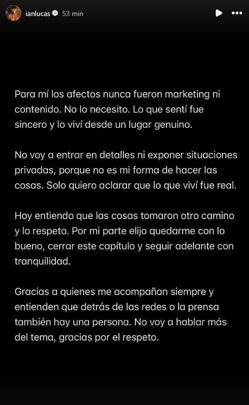 El descargo de Ian Lucas en medio de los rumores de rumores de romance con Evangelina Anderson (Instagram)