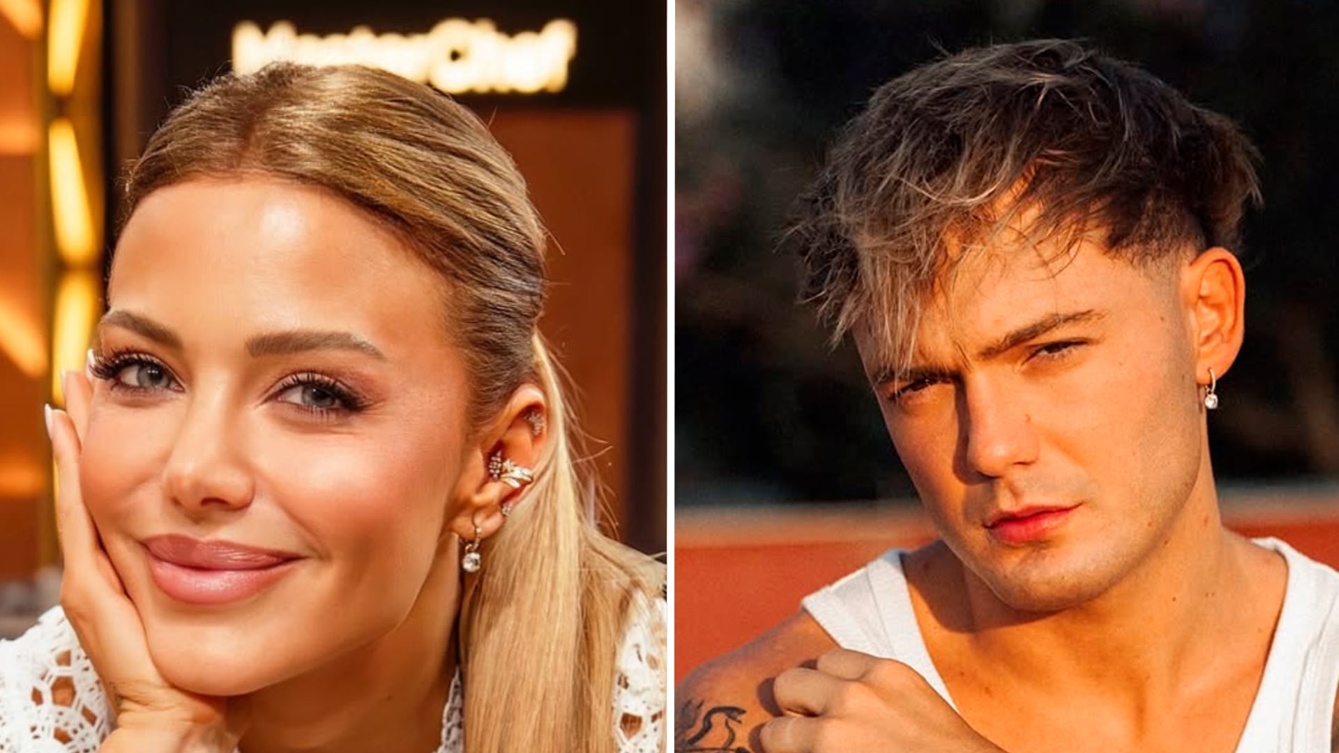 Evangelina Anderson, luciendo sonriente desde el set de MasterChef, e Ian Lucas, posando con su estilo distintivo, en una imagen que capta a ambas personalidades del espectáculo.