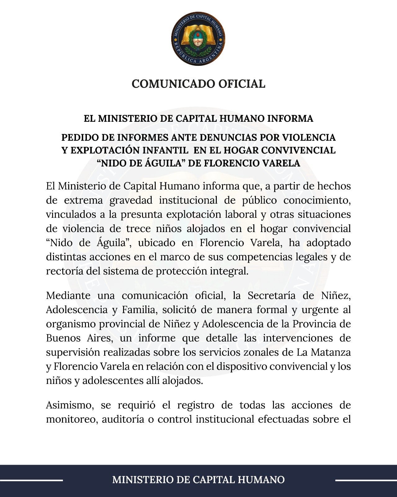 El comunicado del Ministerio de Capital Humano sobre el hogar de Florencio Varela (X: Sandra Pettovello)