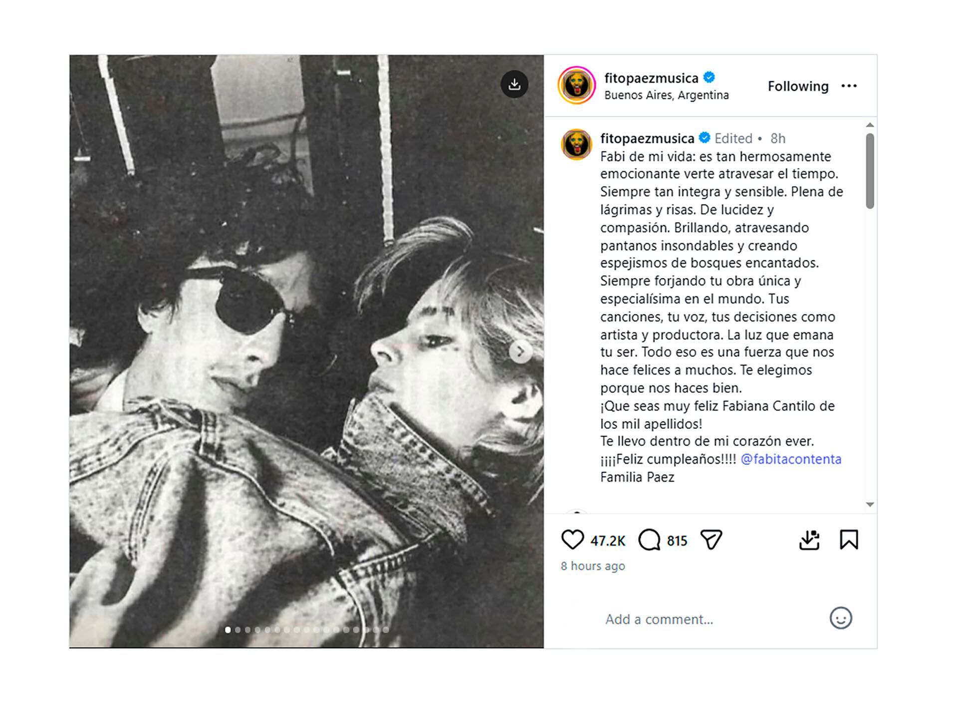 La emotiva dedicatoria de Fito Páez a Fabiana Cantilo en su cumpleaños resalta su profunda conexión artística y personal en el rock argentin