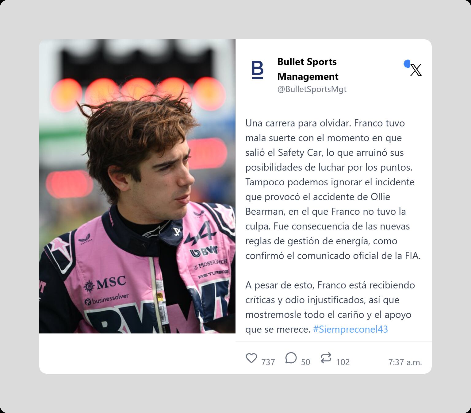 El posteo de Bullet Sports Management por el 