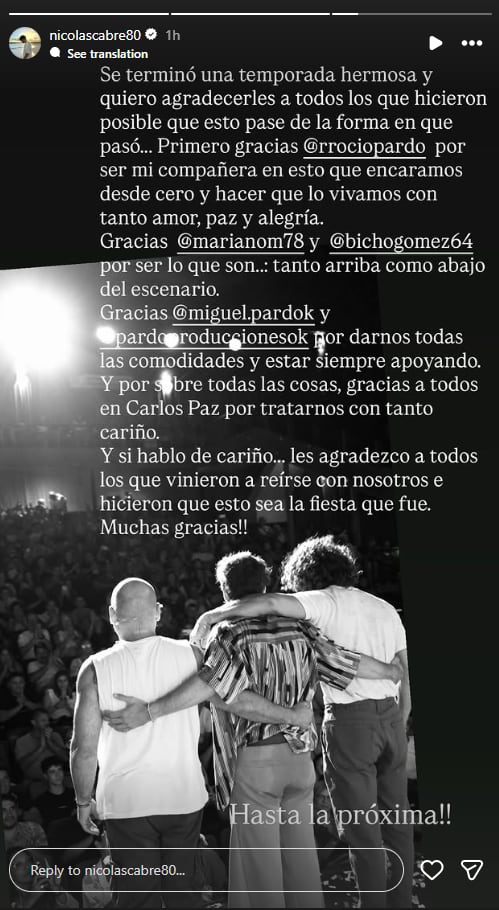 Nicolás Cabré agradeció al público local y a los productores de Ni media palabra por el apoyo recibido durante la temporada teatral en Córdoba
