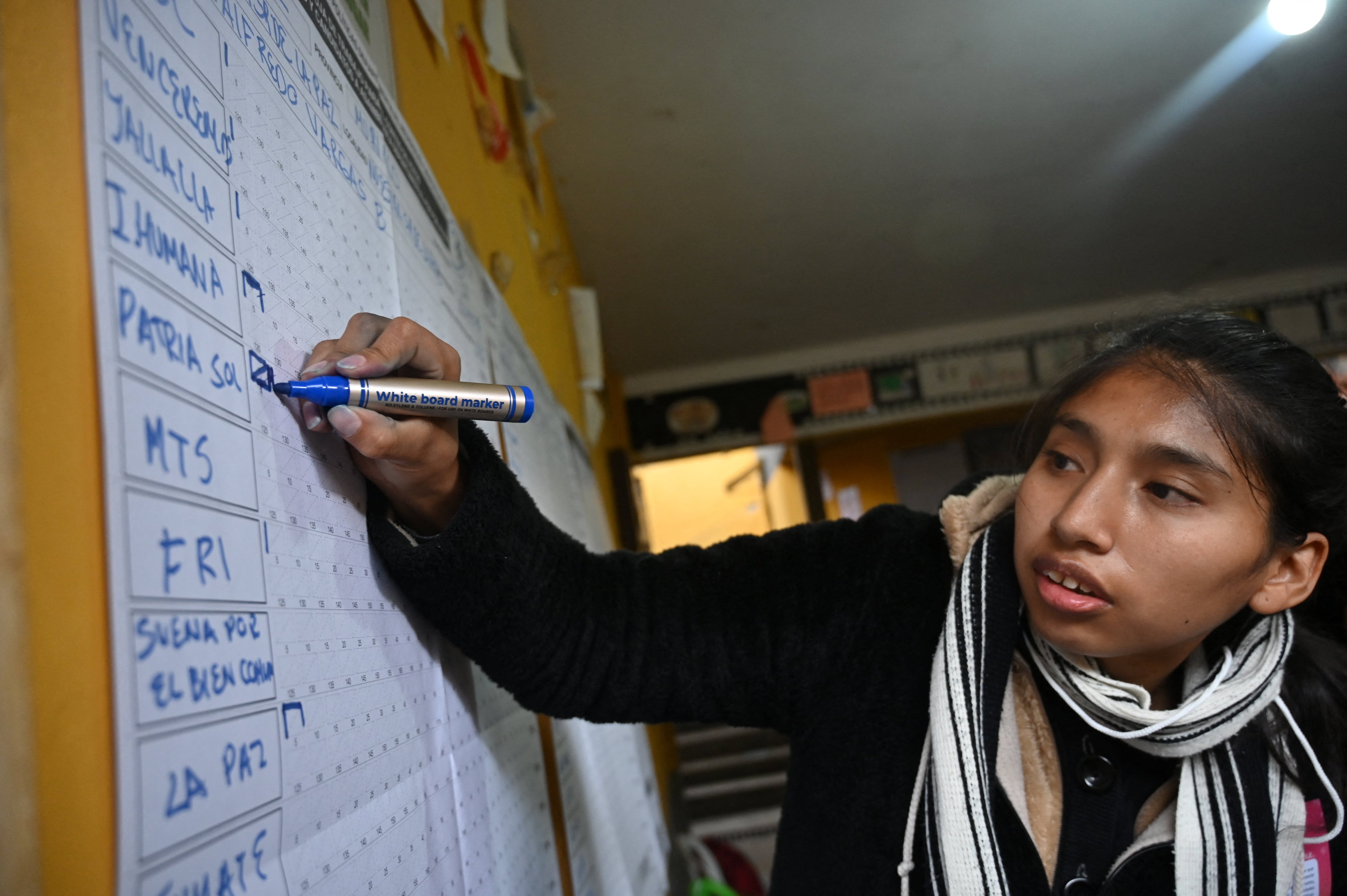 Un miembro del jurado electoral realiza el conteo de votos en Viacha, Bolivia. 22 de marzo de 2026 REUTERS/Claudia Morales