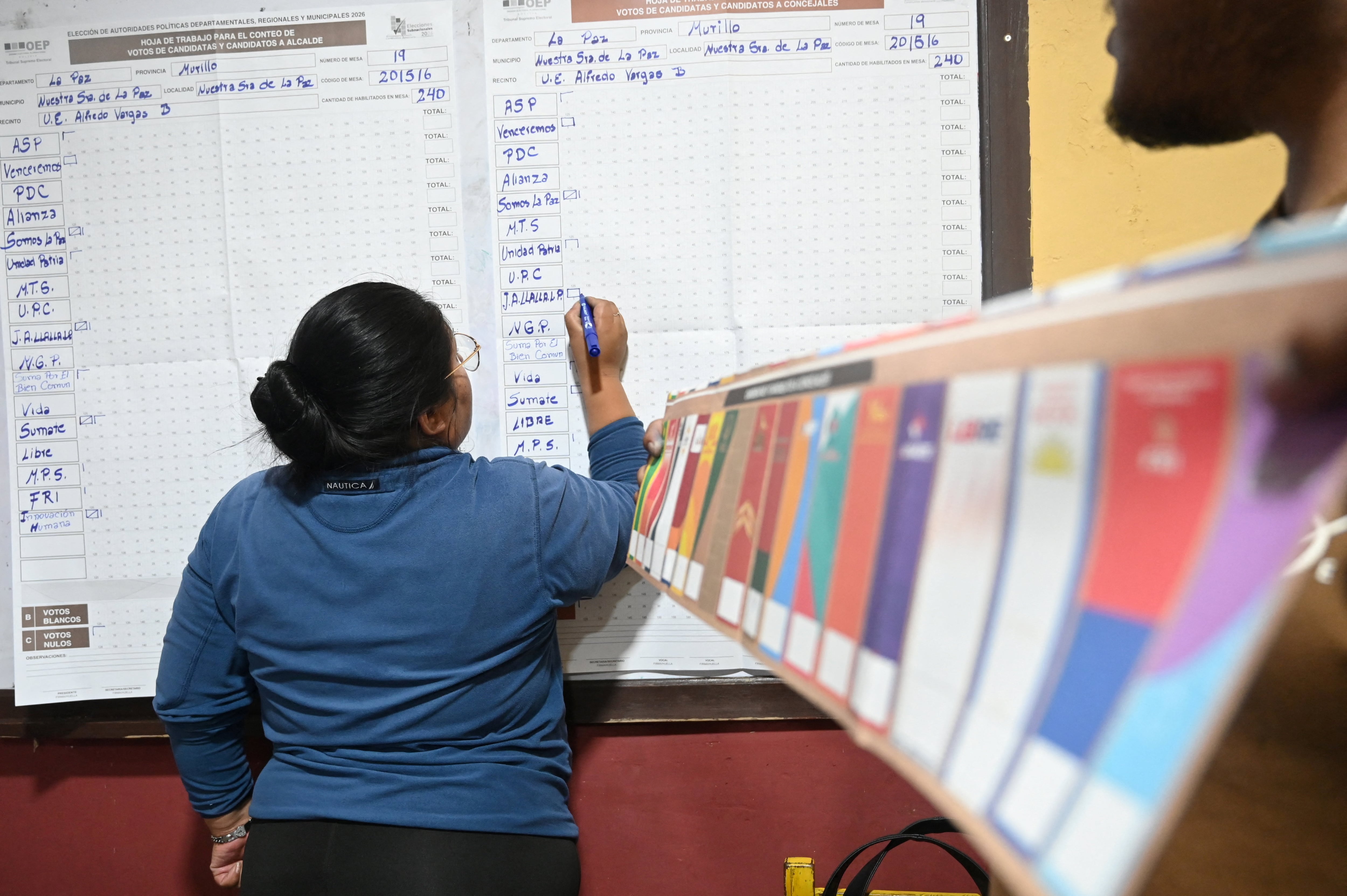Electoral officials carry out the vote count during the Subnational Elections to elect departmental and municipal authorities, in Viacha, Bolivia, March 22, 2026 REUTERS/Claudia Morales