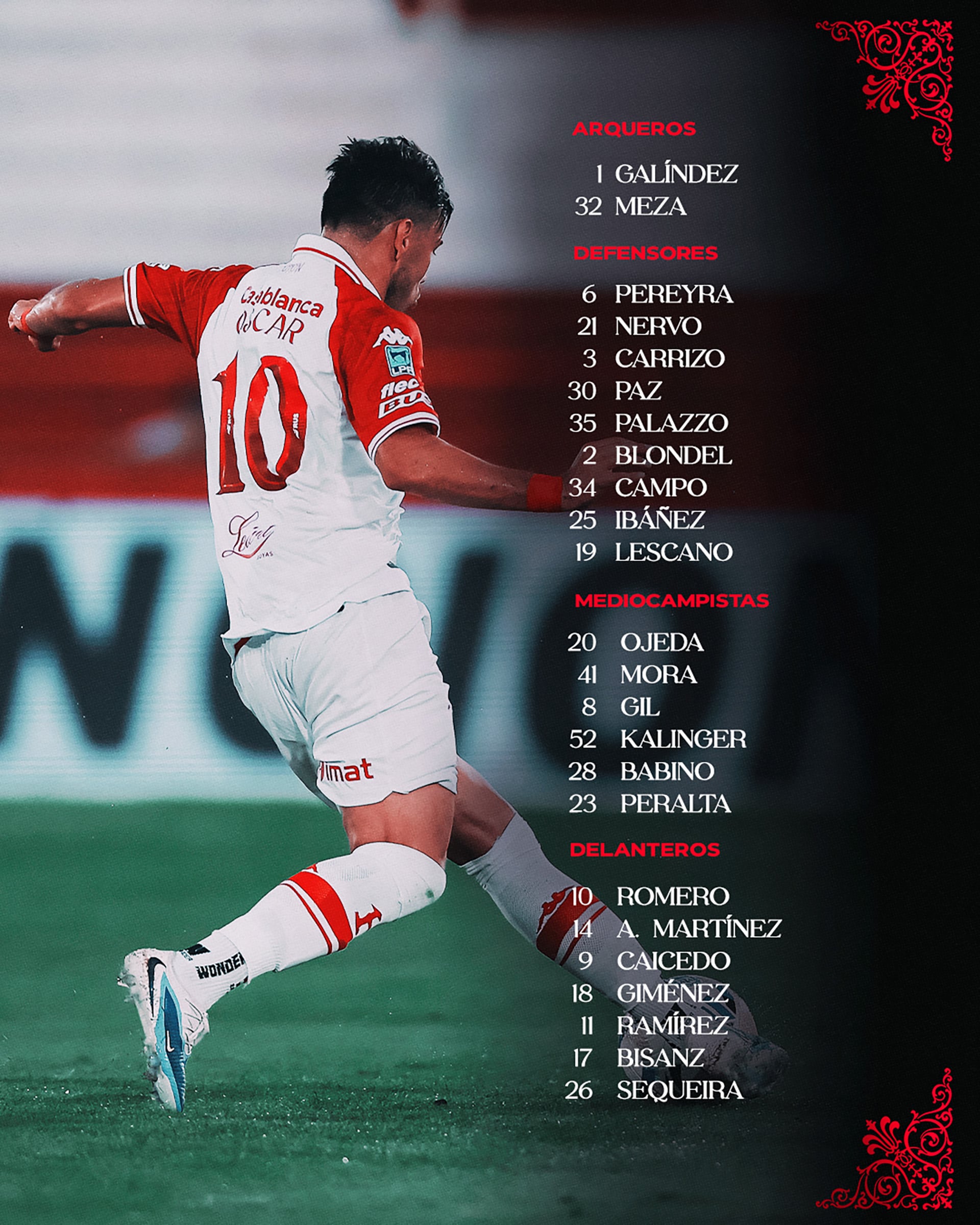 Un jugador del Club Atlético Huracán con la camiseta número 10, probablemente Romero, aparece en acción junto a la lista completa de la plantilla del equipo, detallando arqueros, defensores, mediocampistas y delanteros.