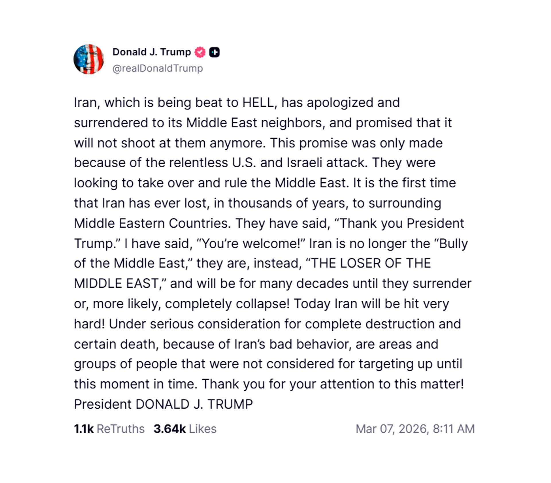 Donald Trump publica un extenso mensaje en Truth Social arremetiendo contra Irán, afirmando que se ha 