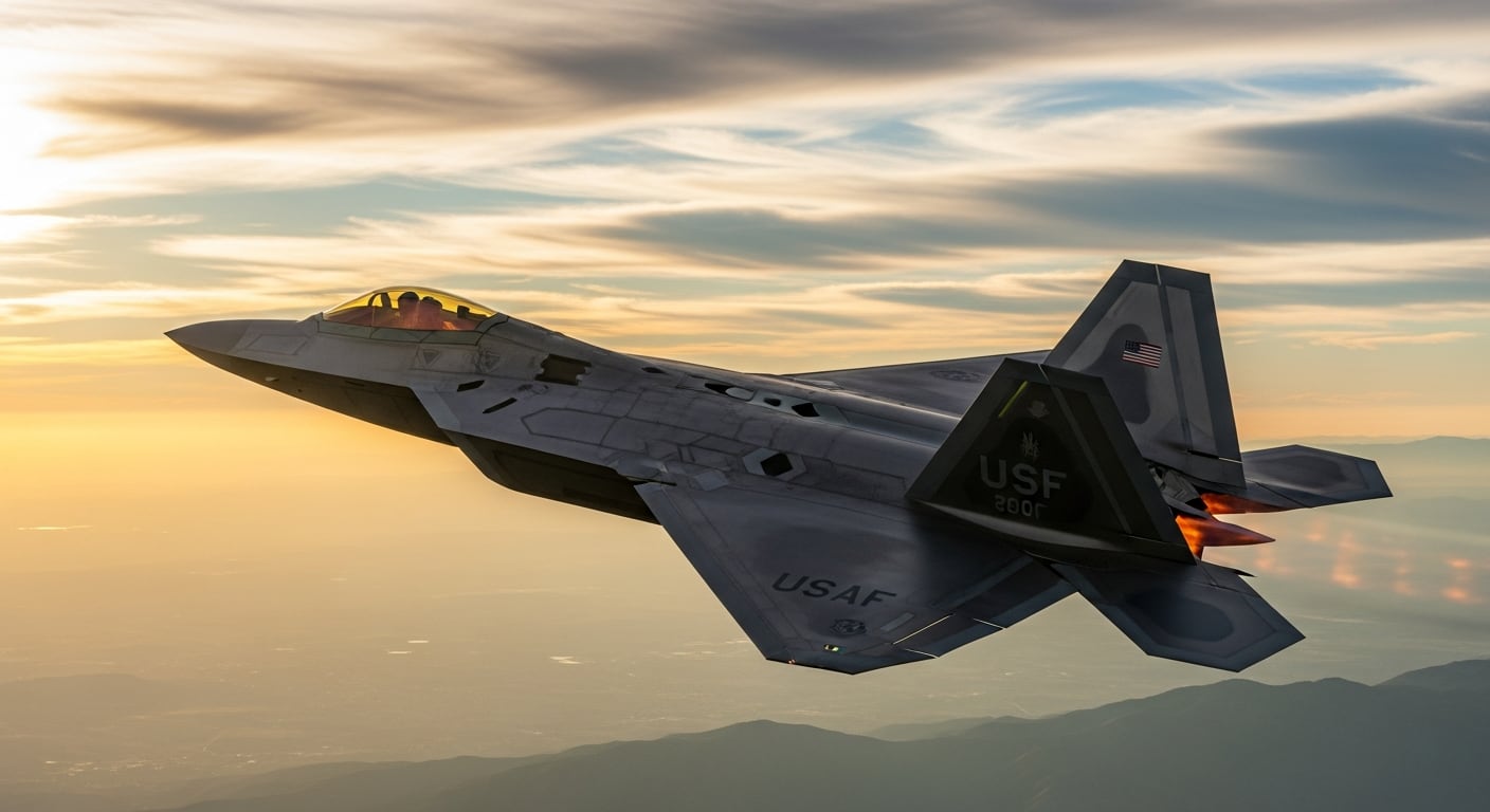 Un avión de combate de la Fuerza Aérea de Estados Unidos vuela durante una misión al caer la tarde