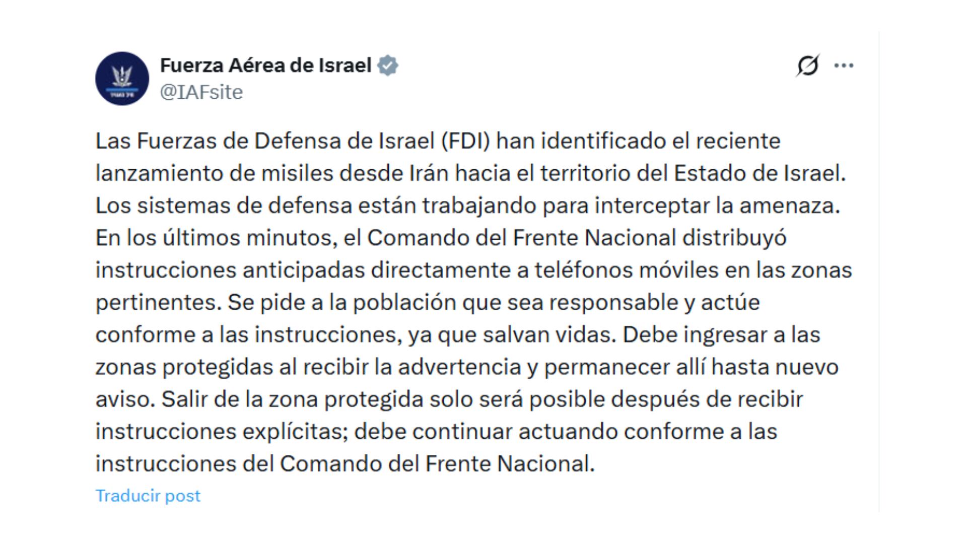 El mensaje de la Fuerza Aérea de Israel vía X (@IAFsite)