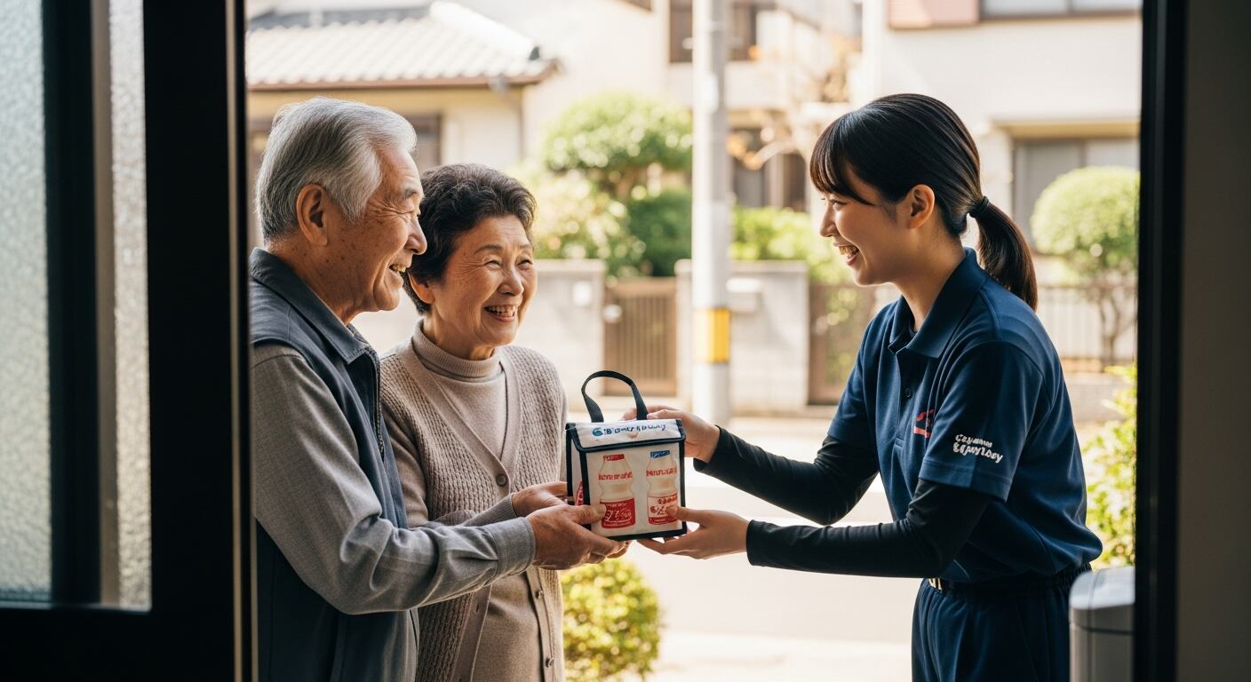 Una repartidora entrega un paquete de yogures a una pareja de adultos mayores japoneses en la puerta de su casa en un barrio residencial de Tokio (Imagen Ilustrativa Infobae)