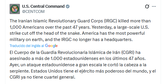 El mensaje del Comando Central de Estados Unidos tras la destrucción del cuartel general de la Guardia Revolucionaria de Irán