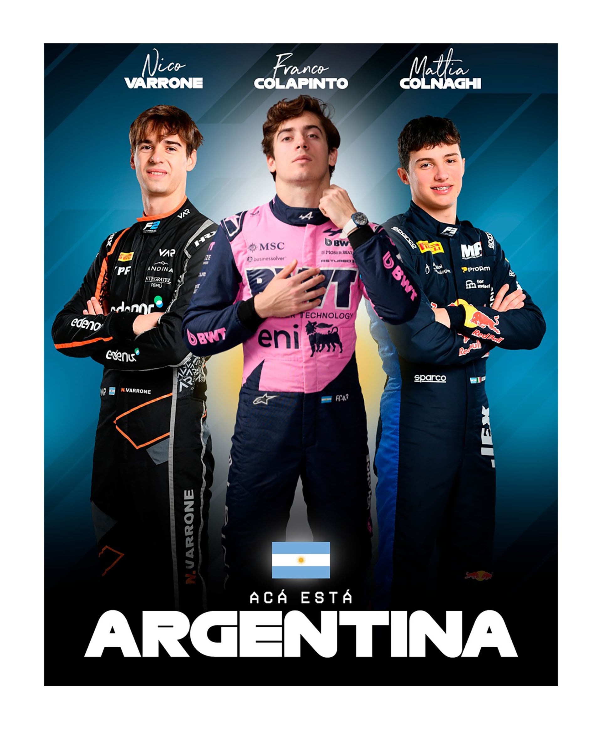 Franco Colapinto, Nicolás Varrone y Mattia Colnaghi posan juntos en el Gran Premio de Australia, representando el talento argentino en el automovilismo internacional (Foto: @F1)