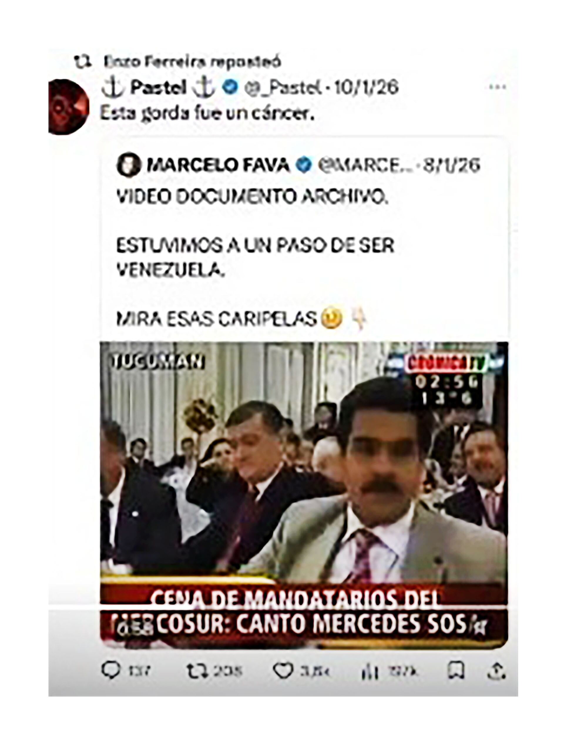 Una captura de pantalla muestra un tuit reposteado por Enzo Ferreira con comentarios despectivos hacia Mercedes Sosa, asociado a un video de una cena de mandatarios del Mercosur donde la artista cantó. (X)