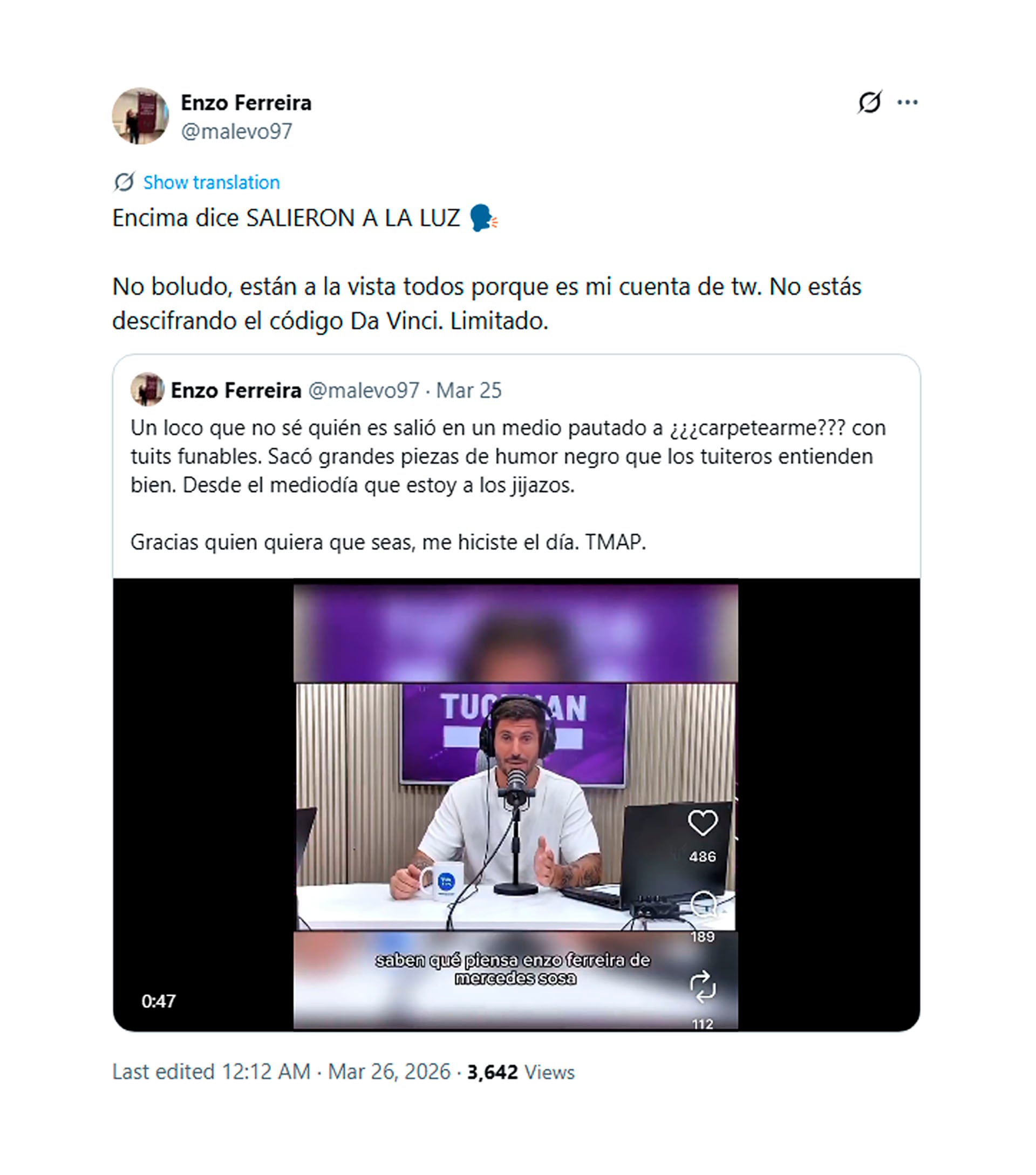 El influencer Enzo Ferreira responde a la controversia en redes sociales sobre sus comentarios acerca de Mercedes Sosa, aclarando que sus publicaciones siempre fueron públicas. (X)