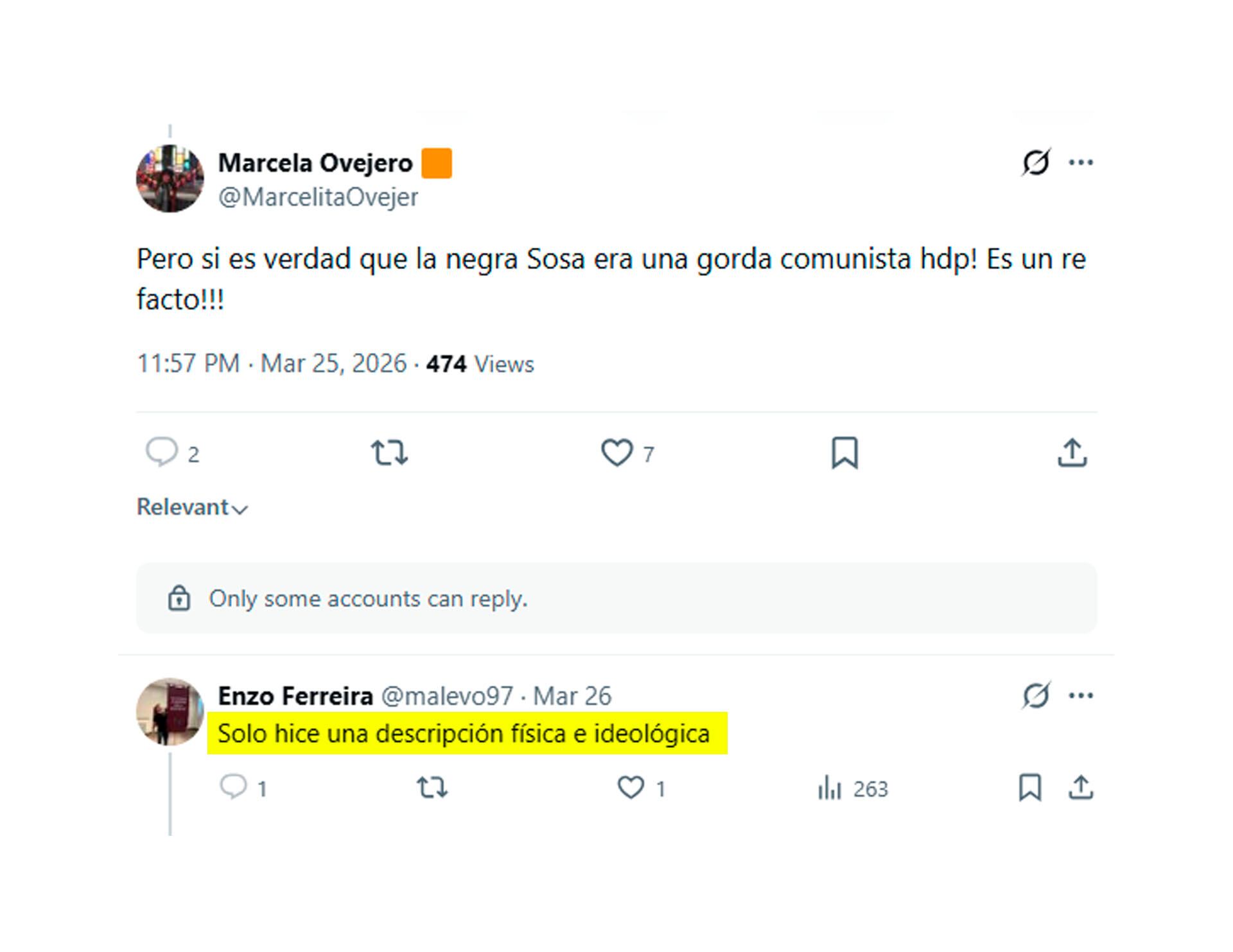 Una captura de pantalla muestra tuits de Marcela Ovejero y Enzo Ferreira con comentarios despectivos sobre Mercedes Sosa, generando controversia en plataformas digitales. (X)