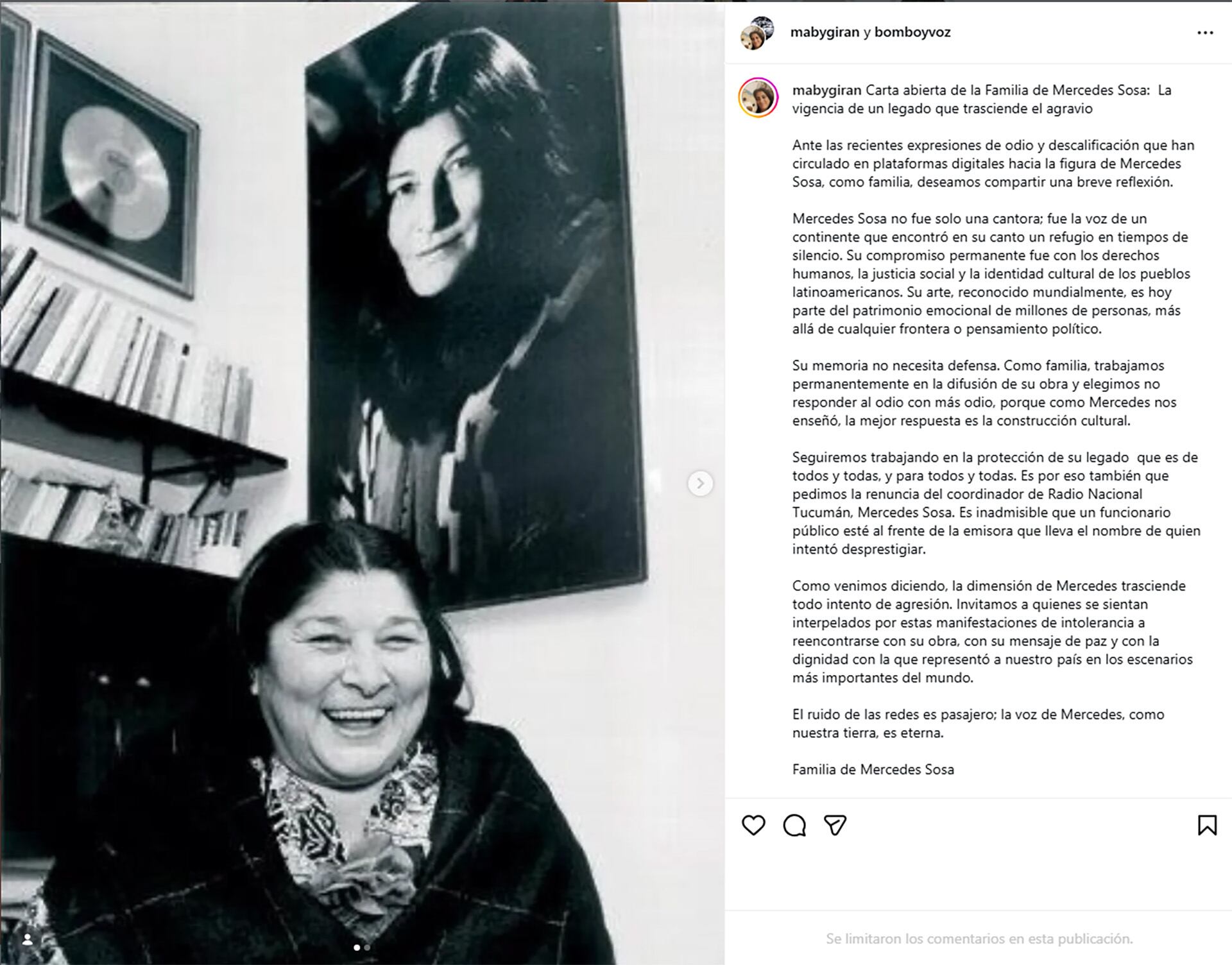 La familia de Mercedes Sosa publicó una carta abierta en defensa de su legado musical y humano, resaltando su importancia cultural ante recientes ataques en redes sociales.