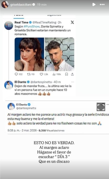 Los posteos de Griselda Siciliani y Dante Spinetta desmintiendo un posible vínculo romántico (Instagram)