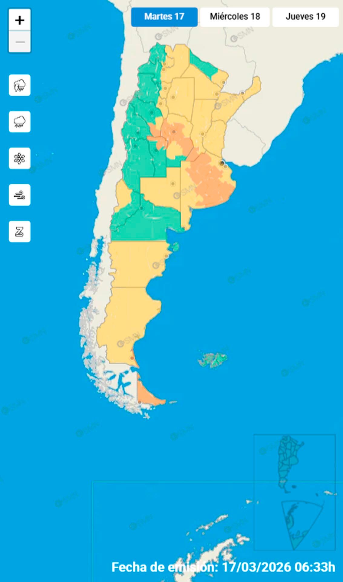 Más de medio país está bajo alertas por tormentas, lluvias y fuertes vientos.