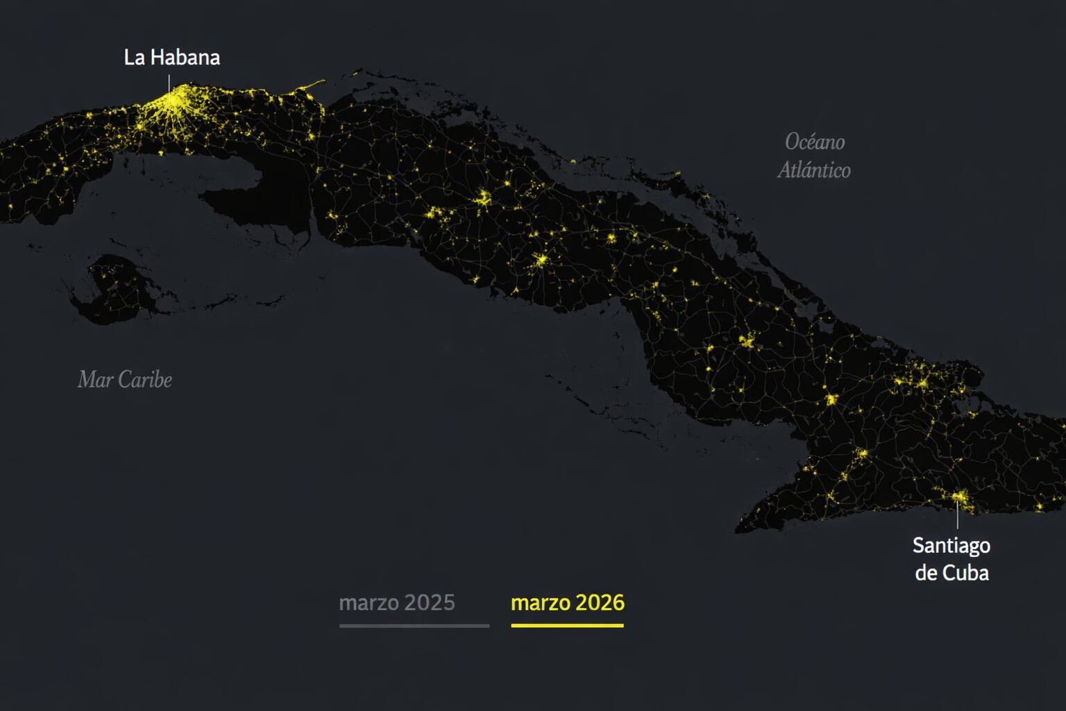 El mapa detalla la extensión de las luces nocturnas en Cuba para marzo de 2026, evidenciando las densas concentraciones urbanas en La Habana y Santiago de Cuba. (Imagen Ilustrativa Infobae)