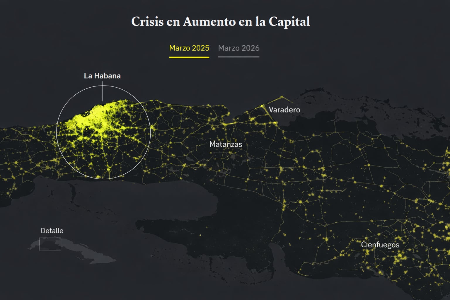 Este gráfico muestra un aumento de la crisis en La Habana, Cuba, destacando la concentración de actividad o impacto en la región en marzo de 2025. (Imagen Ilustrativa Infobae)