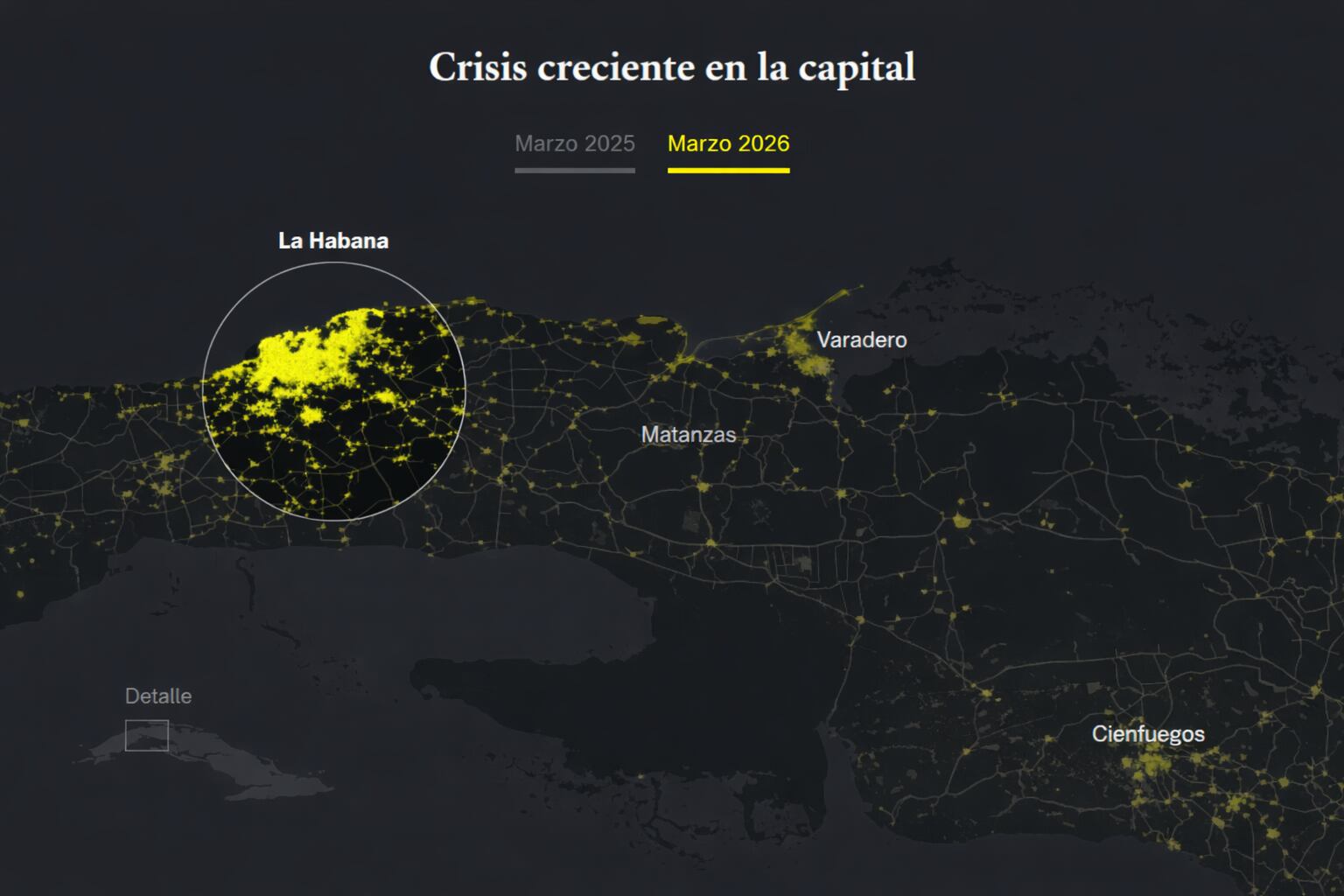 Un mapa interactivo muestra la intensificación de una crisis en La Habana para marzo de 2026, con amplias zonas de la capital cubana afectadas. (Imagen Ilustrativa Infobae)
